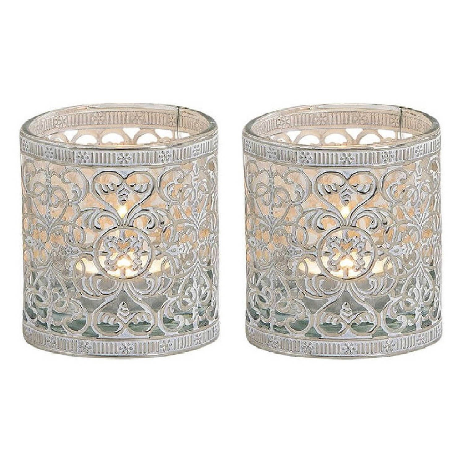 Set van 2 waxinelichthouders zilver antiek 8 cm - Glas