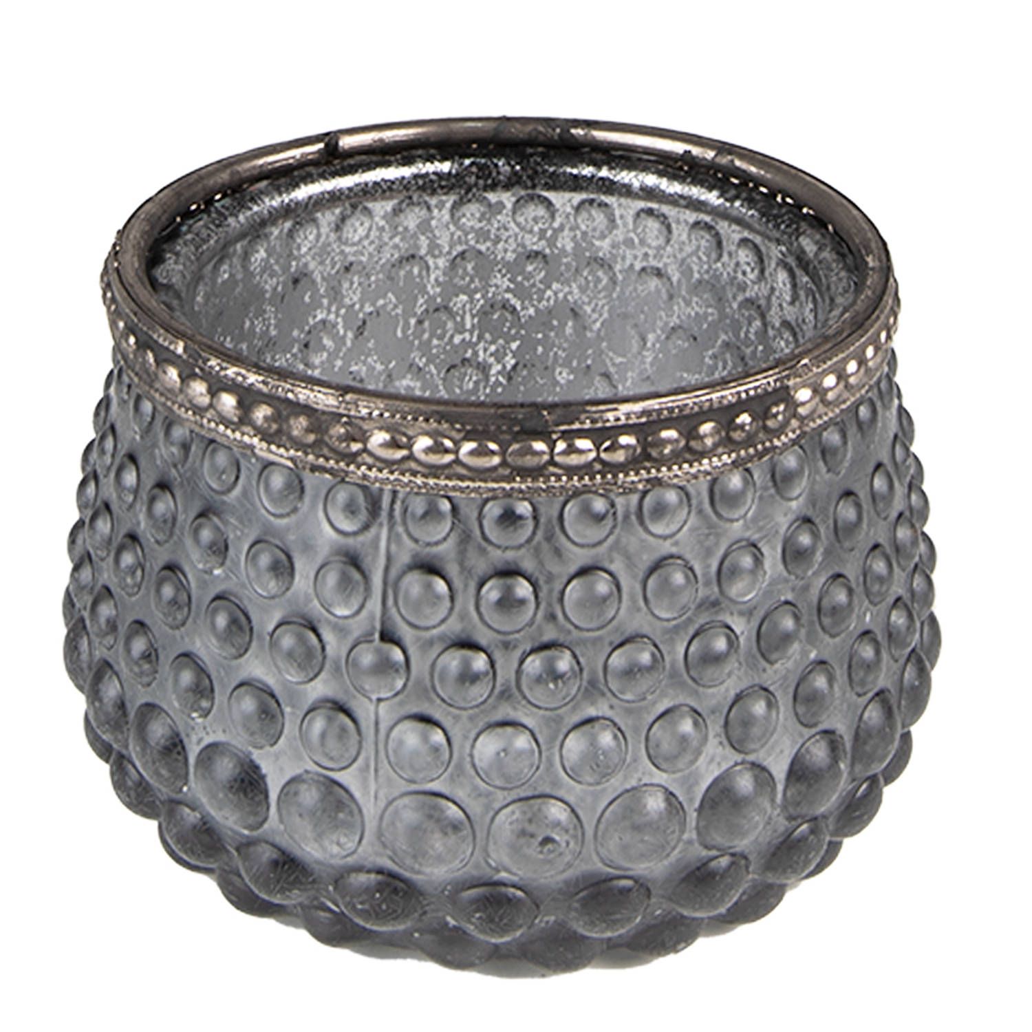Clayre & Eef Theelichthouder Ø 8x6 cm Grijs Glas Metaal | Waxinelichthouder Windlichthouder