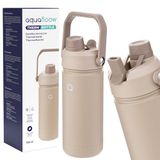 Aquafloow Thermische Drinkfles 500 ml van Roestvrij Staal, Zonder BPA met dubbele wand en vacuümisolatie, Twee Drinkopeningen met Inklapbaar rietje, Draaghandvat en Stabiele Basis- Beige