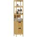 Meuble Colonne De Salle De Bain 30 X 30 X 144,3 Cm Avec 3 Étagères Et 2 Placards En Bambou Naturel, Meuble Haut Gain De Place Pour Sanitaires