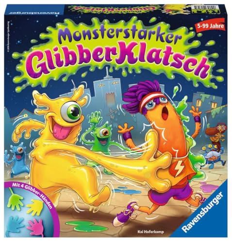Ravensburger Monstersterke glibberige roddels: 4 pantoffelbandjes/4 pantoffelmonsters/ 14 stadsmonsters/ 1 vuilnisbak/ 1 draaitafel met pijl/4 spelfiguren/ 1 spelgids