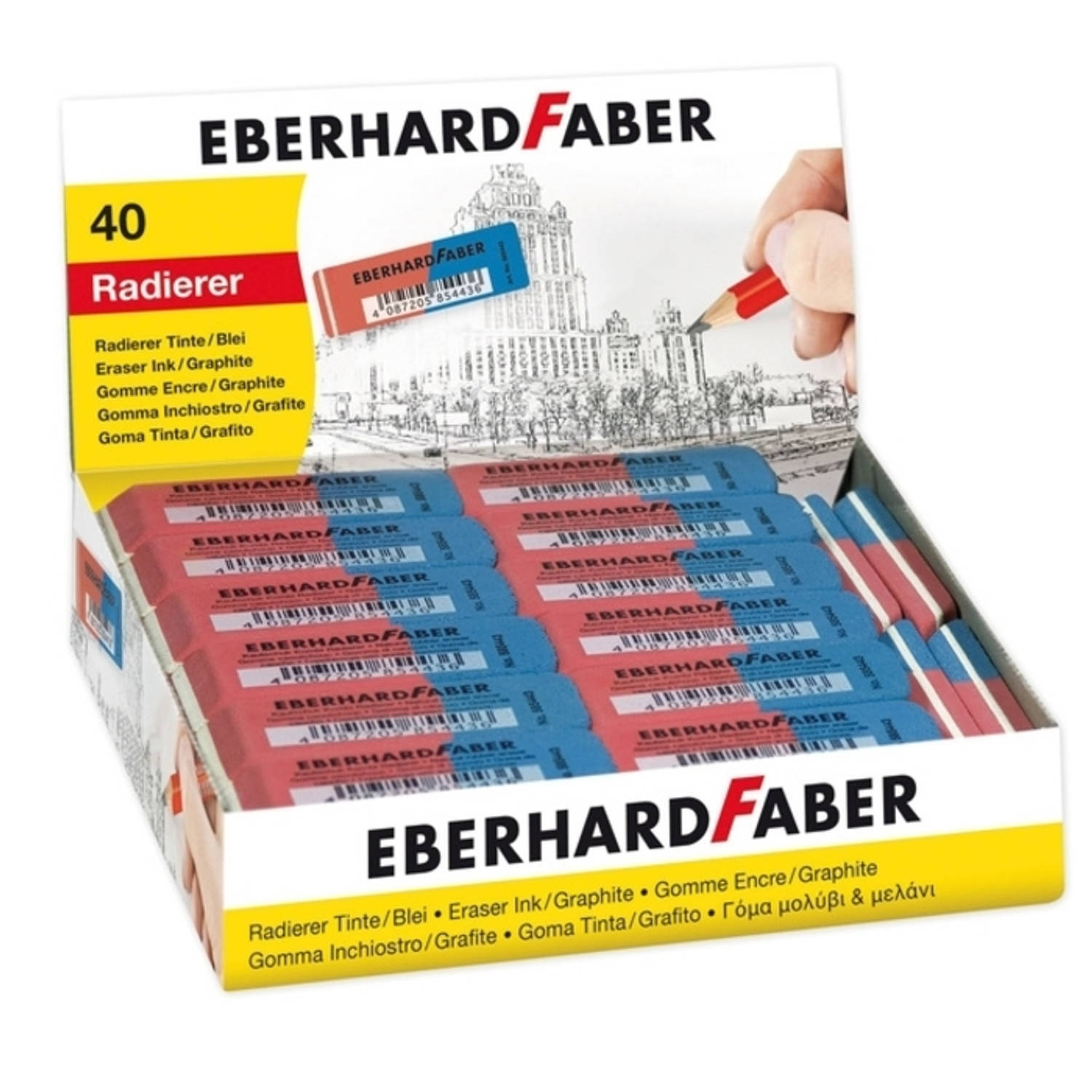 Eberhard Faber gum inkt/potlood rood/blauw doos à 40 stuks