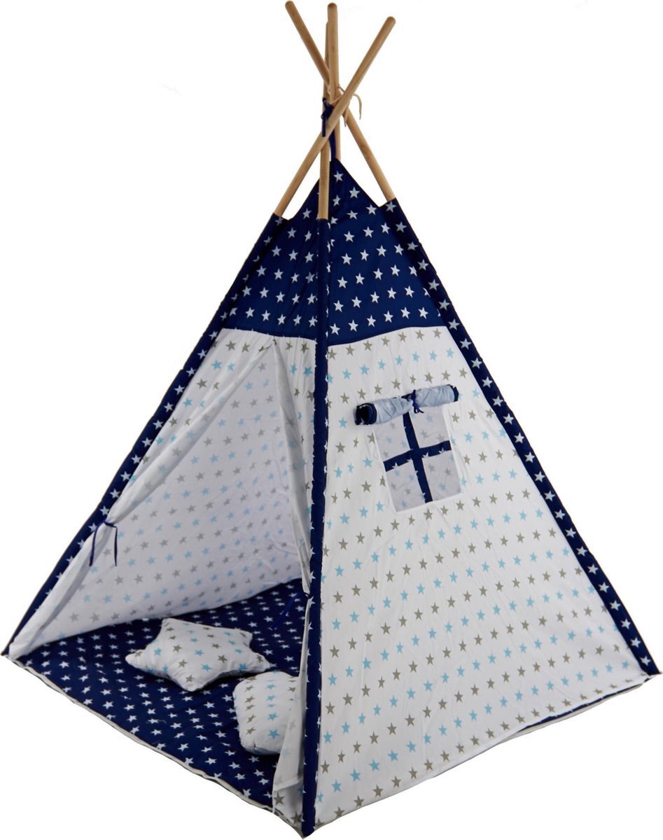 Sajan Tipi Speeltent - Met Grondkleed & Kussens - Blauw-Wit