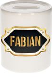 Bellatio Decorations Spaarpot met voornaam Fabian - wit - met goud/zwart embleem - 8 x 9 cm - keramiek - met afsluitdop - cadeau verjaardag