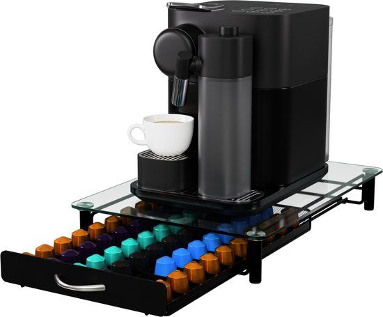 KitchenBrothers Koffiecups Houder - Capsulehouder - 60 Cups - Cuphouder - Met Lade - Glas - RVS/Zwart
