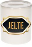 Bellatio Decorations Shoppartners Bv Spaarpot met voornaam Jelte - wit - met goud/zwart embleem - 8 x 9 cm - keramiek - met afsluitdop - cadeau verjaardag