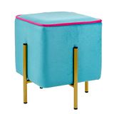 Baroni Home Kruk voetenbank, zitkruk van fluweel, gestoffeerd, kleur turquoise, rand fuchsia, afmetingen: 33 x 33 x 38 cm