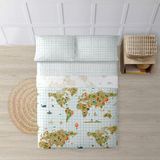 Belum Beddengoedset met kussen en hoeslaken, 100% katoen, wereldkaart, beige, voor bedden van 180 cm (260 x 270 cm) (240 x 270 cm), 175 x 270 cm