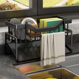 Merkloos Spoelbak-organizer voor de keuken - Sponshouder en gootsteenorganizer met automatische afvoer (zwart)