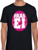 Bellatio Decorations Shoppartners Bv Zwart Paas t-shirt met roze paasei - Pasen shirt voor heren - Pasen kleding S
