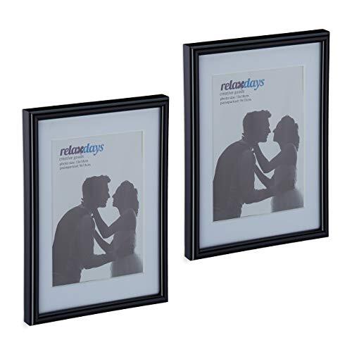 Relaxdays Fotolijst set van 2, 13x18 cm, passe-partout 9x13 cm, glasplaat, fotolijst om neer te zetten en op te hangen, zwart