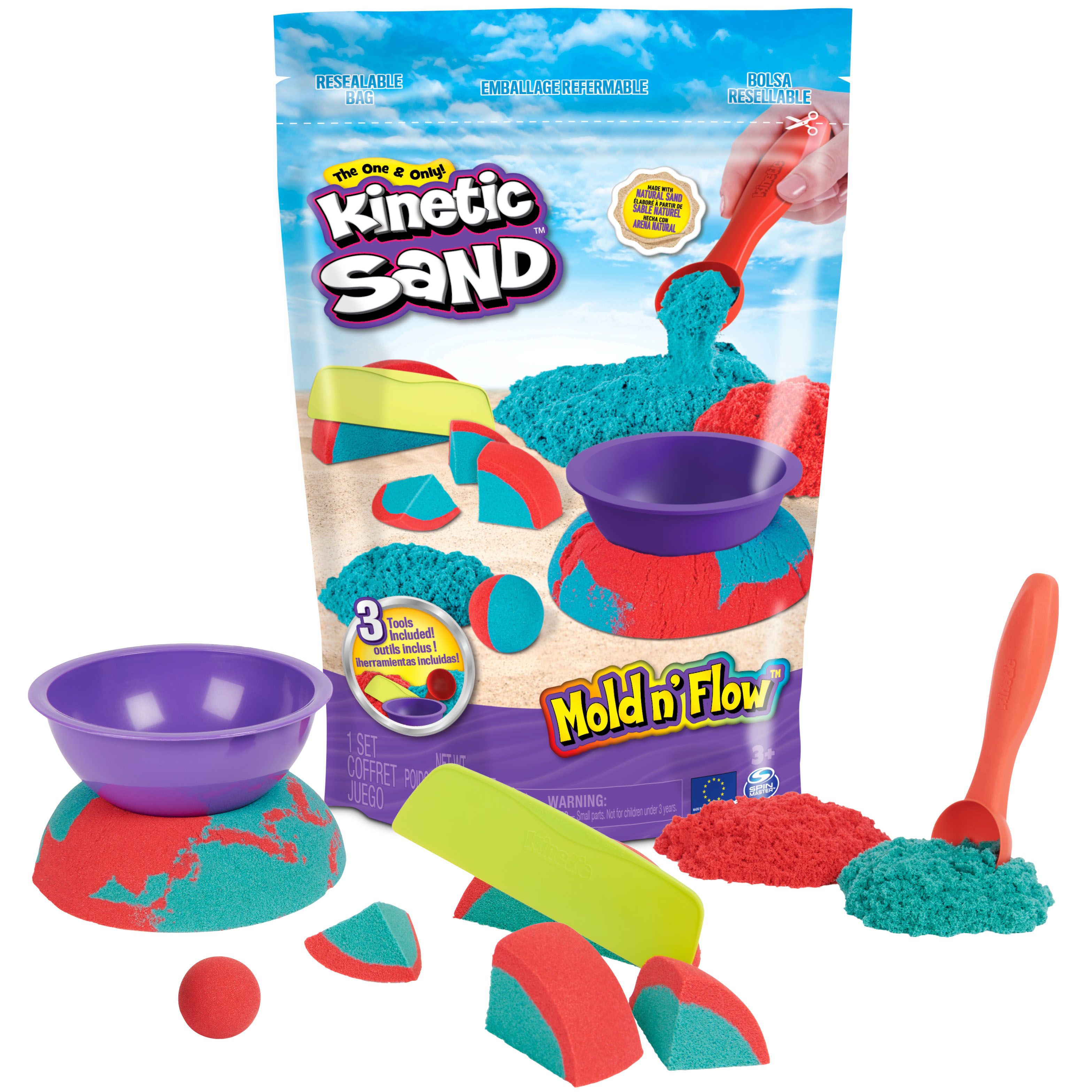 Spin Master Kinetic Sand Mold n' Flow - 680g Red/Teal Sand & Tools - Sensory Toy