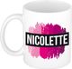 Bellatio Decorations Nicolette naam cadeau koffie mok - beker - met roze verfstrepen - Cadeau collega - moederdag - verjaardag - juf - coach - 300 ml - wit