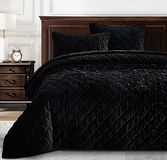 Chezmoi Collection Lux Zwart Fluwelen Quilt King Set, 3-delig Weelderig Pluche Verweerd Fluwelen Beddengoed Alle Seizoen Lichtgewicht Dekbed Geborsteld Microfiber Reverse met Diamantsteek Quilten