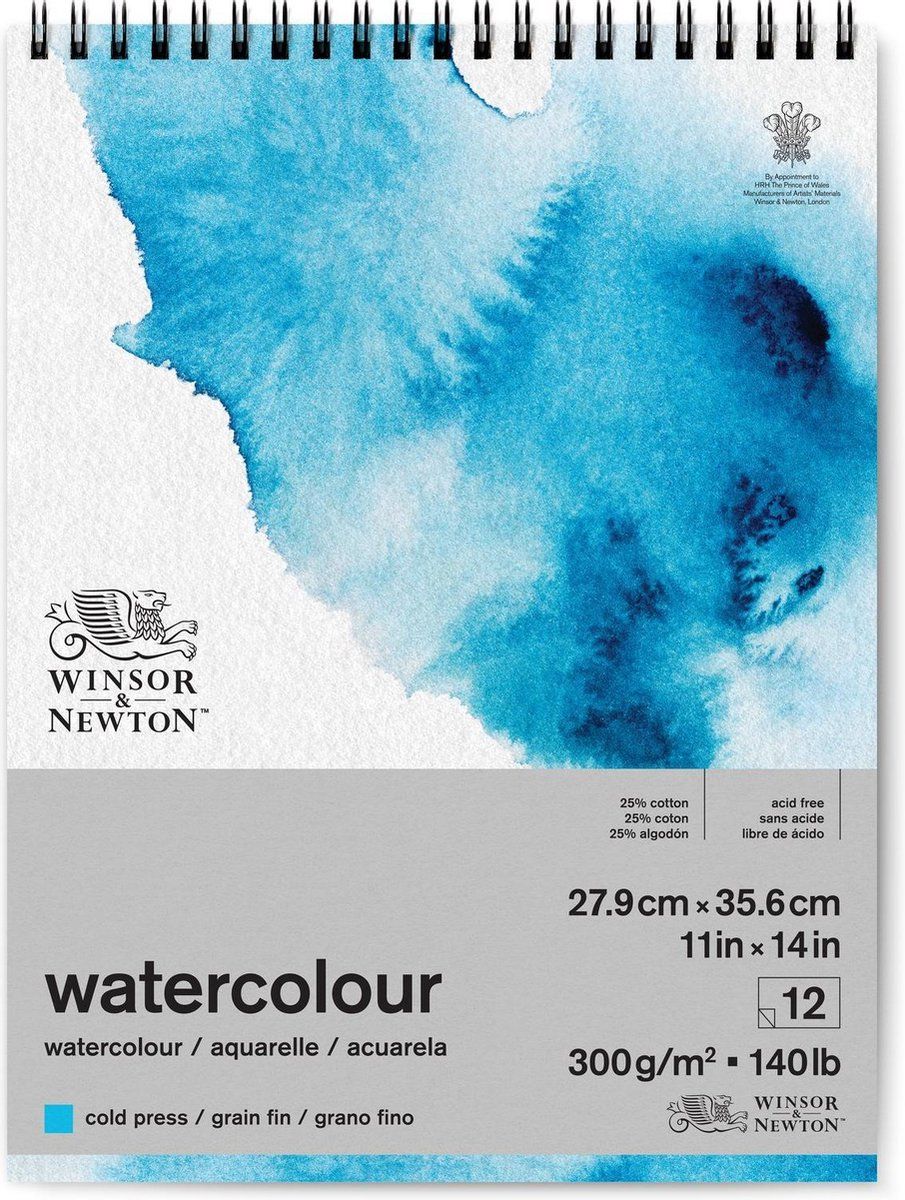 Winsor & Newton Classic Aquarelpapier Grain fin Spiraalblok 300gr 12 vel 25,4x35,6cm - wit