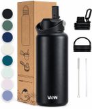 VANN® Bouteille à boire en acier inoxydable à 3 parois 1 Litre avec paille pour Adultes – Satin Noir
