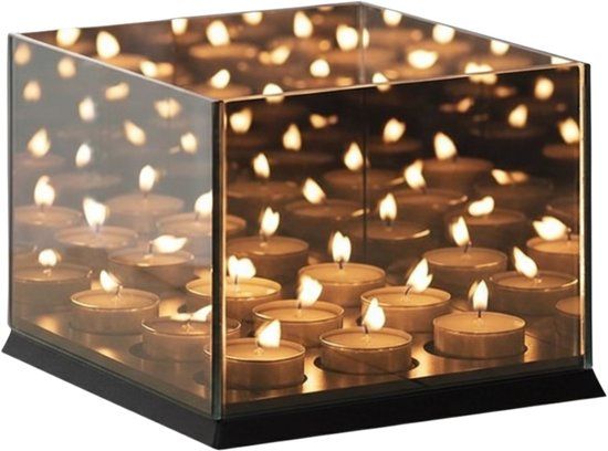 Brixy Waxinelichthouder - Theelichthouder - 9 Waxinelichtjes - Reflecterend Spiegel Glas - Kaarsenhouder - Zwart