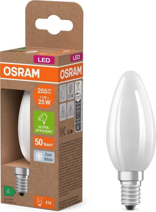 Osram LED lamp in classic Edison shape, with decorative LED filament, energy efficiency class A, E27, 2.2 W, 470 lm, 4000 K, cool white. 100% light straight away, with no warming up. Low flickering