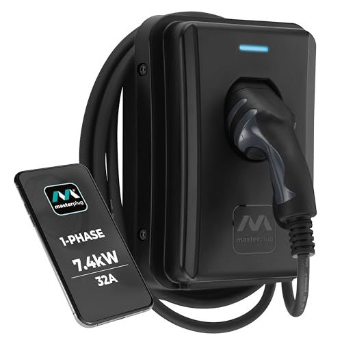 Masterplug Smart EV Home-Wandlader voor Type 2 Elektrische en Hybride Voertuigen, Aangesloten met 5 m Kabel, Modus 3, Opladen via Zonne-Energie, Eenfase, Zwart, IP65, 7,4 kW, 32 A, EVCM3ST7B/EU