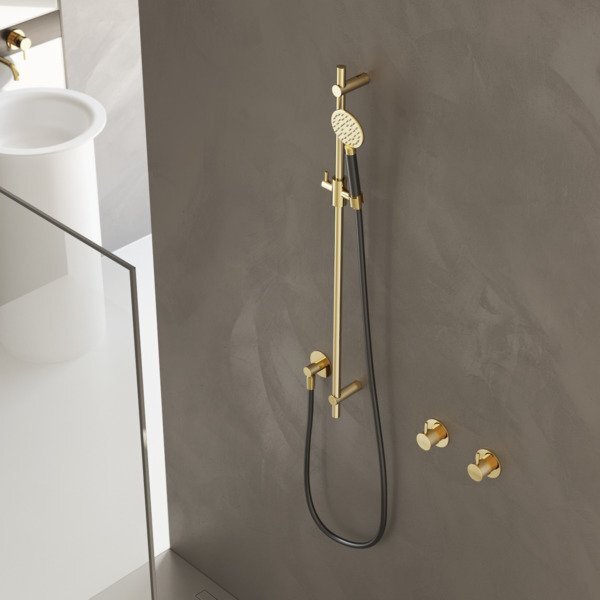 hotbath Cobber glijstang 90cm met wandaansluitbocht doucheslang 150cm en handdouche geborsteld koper M308BC