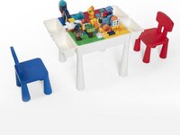 【Profi Promo】Bouwtafelset met 80 bouwblokken - Multifunctionele Kinderbouwtafel met 2 stoelen + 4 Opbergbakken - Constructietafel, Speeltafel, Zandbak, Watertafel - Klassieke Lego-kleuren