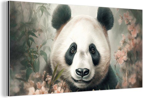 MuchoWow Wanddecoratie Metaal - Aluminium Schilderij Industrieel - Panda - Dieren - Bloemen - Planten - 120x60 cm - Dibond