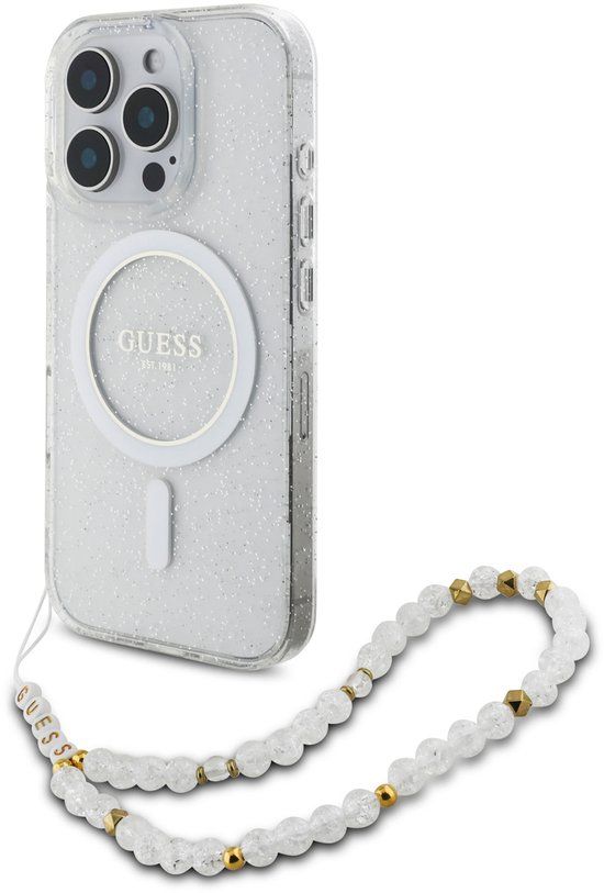 Guess IML Glitter Beads iPhone 16 Pro hoesje met polskoord en MagSafe - Transparant