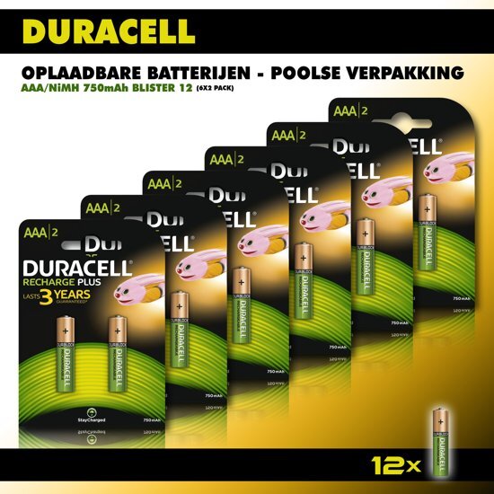 Duracell AAA oplaadbare batterijen - Poolse verpakking - 750 mAh -voordeelverpakking - 12 stuks