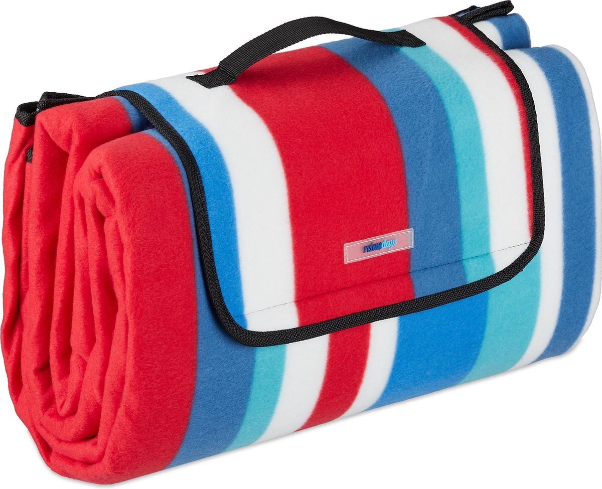 Relaxdays Picknickkleed waterdicht - 200x200 - fleecedeken - outdoor kleed - rood-blauw