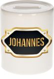 Bellatio Decorations Shoppartners Bv Spaarpot met voornaam Johannes - wit - met goud/zwart embleem - 8 x 9 cm - keramiek - met afsluitdop - cadeau verjaardag