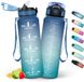 Unyqoos® Lichtgewicht en lekvrije sportfles met rietje en tijdmarkeringen, 1 liter, blauwgroen