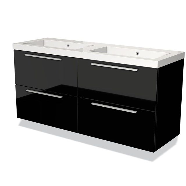 Maxaro Badkamermeubel 140 cm Modulo Hoogglans Zwart 4 Lades Vlak Wastafel Mineraalmarmer