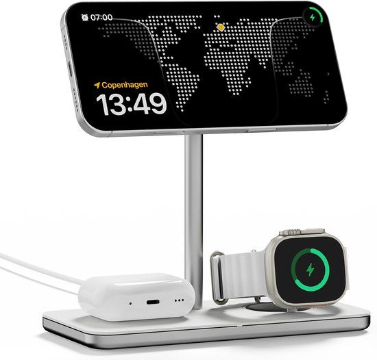 Linq Connects 3-in-1 Draadloze Lader Qi2 Base - Oplaadstation geschikt voor iPhone, Apple Watch en AirPods - Compatibel met Qi-Gecertificeerde Toestellen - Wit