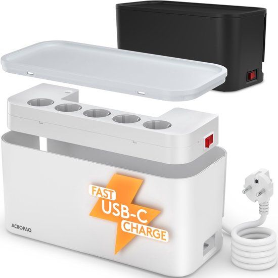 ACROPAQ Kabelbox met Stekkerdoos, USB-C Lader - 5-voudig + USB-C + USB-A, Wit