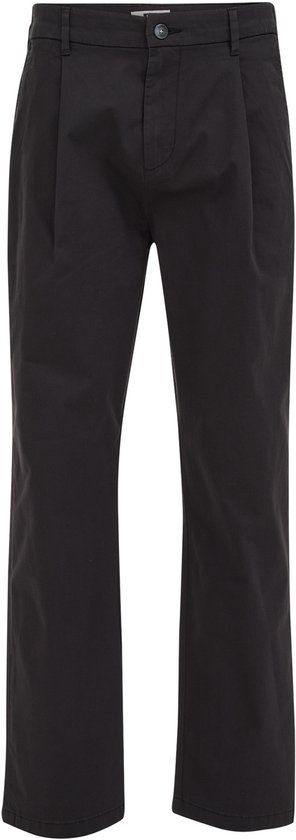 WE Fashion Heren loose fit chino met bandplooi en elastische broekband - Zwart - Katoen - Maat 28/32