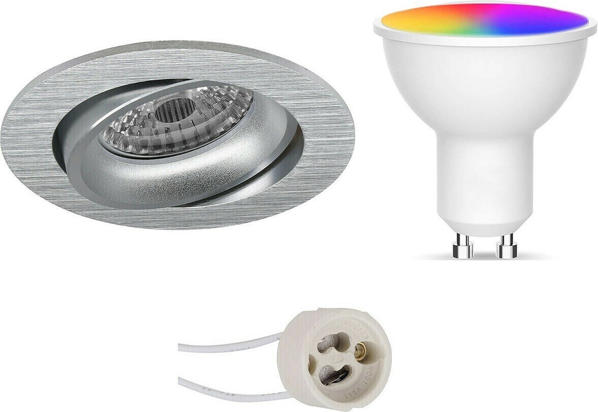 Qualu LED Spot Set GU10 - Oficto - Smart LED - Wifi LED - Slimme LED - 5W - RGB+CCT - Aanpasbare Kleur - Dimbaar - Afstandsbediening - Proma Delton Pro - Inbouw Rond - Mat Zilver - Kantelbaar - Ø82mm