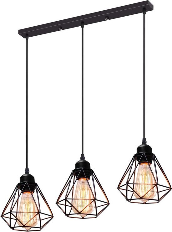 Industriële hanglamp 3 lampen - diameter 16 cm - E27 kroonluchter - metaal in kooistijl - geometrische plafondlamp - keuken en woonkamer - plafondlijst