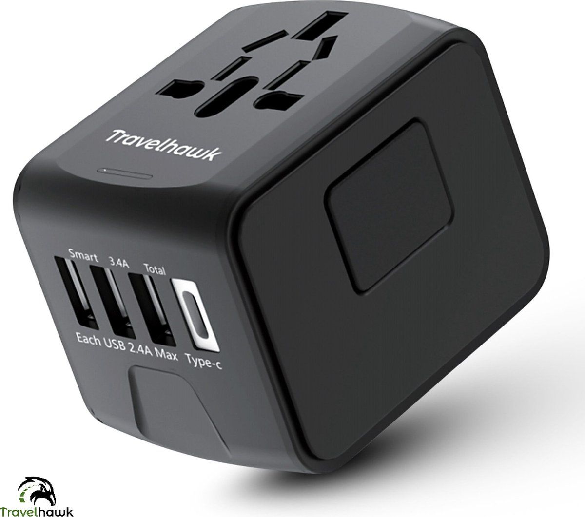 TravelHawk Universele Wereldstekker met USB-C en 3 USB poorten - Zwart