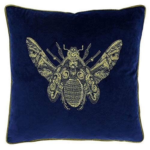 Riva Paoletti Cerana Kussenhoes Koningsblauw Super Zachte Fluwelen Stof Geborduurd Bijenontwerp Gouden Piped Randen 100% Polyester 50 x 50 cm