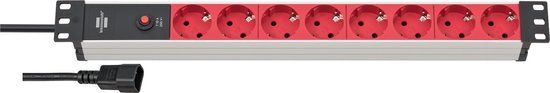 Brennenstuhl Alu-Line 19" contactdoosstrook - 8-voudig - 2m - Zilver/Rood
