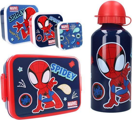 4KidsOnly Spiderman Lunchset - Lunchbox - Drinkfles - 3 Snackboxen - Blauw