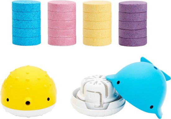 MUNCHKIN Colour Buddies Moisturising Bath Bombs & Toy Dispenser Set for children, 22 Piece Set Includes 20x Colourful Bath Bombs and 2x Toy Dispensers