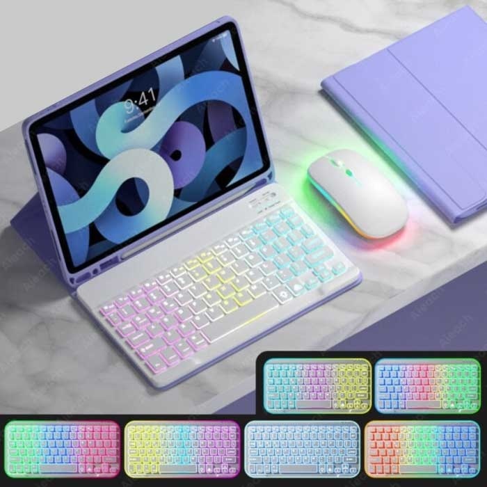 AIEACH RGB Toetsenbord Hoes en Muis voor iPad Pro 11 - QWERTY Multifunctionele Keyboard Bluetooth Smart Cover Case Hoesje Paars