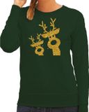Bellatio Decorations foute kersttrui / sweater - dames - gouden rendieren - groen - glitter goud - kerstborrel kleding S