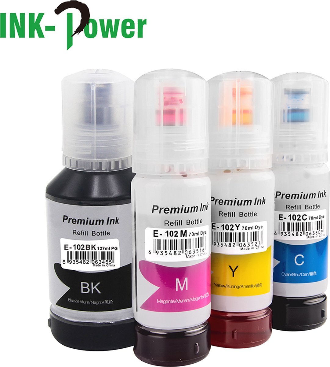 Ink Power Refill Inkt voor Epson EcoTank 102 | Multipack van 4 flessen inkt E102 geschikt voor Epson Ecotank ET-2700, ET-2750, ET-2751, ET-2756, ET-3700. ET-3750 en ET-4750