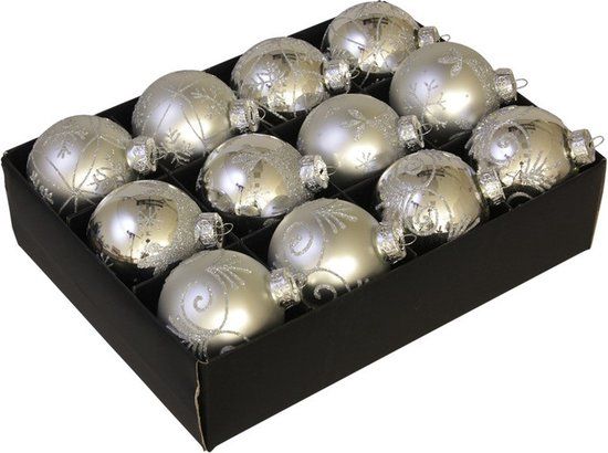12x Silver Decorated Glass Christmas Balls 7.5 cm - Luxury Glass Christmas Balls - Silver Christmas Decoration