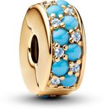 PANDORA Moments Aquablaues 763902C01 14K vergulde sterling zilveren clip-on bedel met ijsblauwe en caprium blauwe kristallen