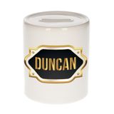 Bellatio Decorations Spaarpot met voornaam Duncan - wit - met goud/zwart embleem - 8 x 9 cm - keramiek - met afsluitdop - cadeau verjaardag
