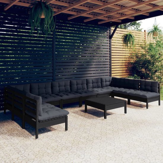 The Living Store loungeset - massief grenenhout - zwart - 63.5x63.5x62.5 cm - inclusief kussens