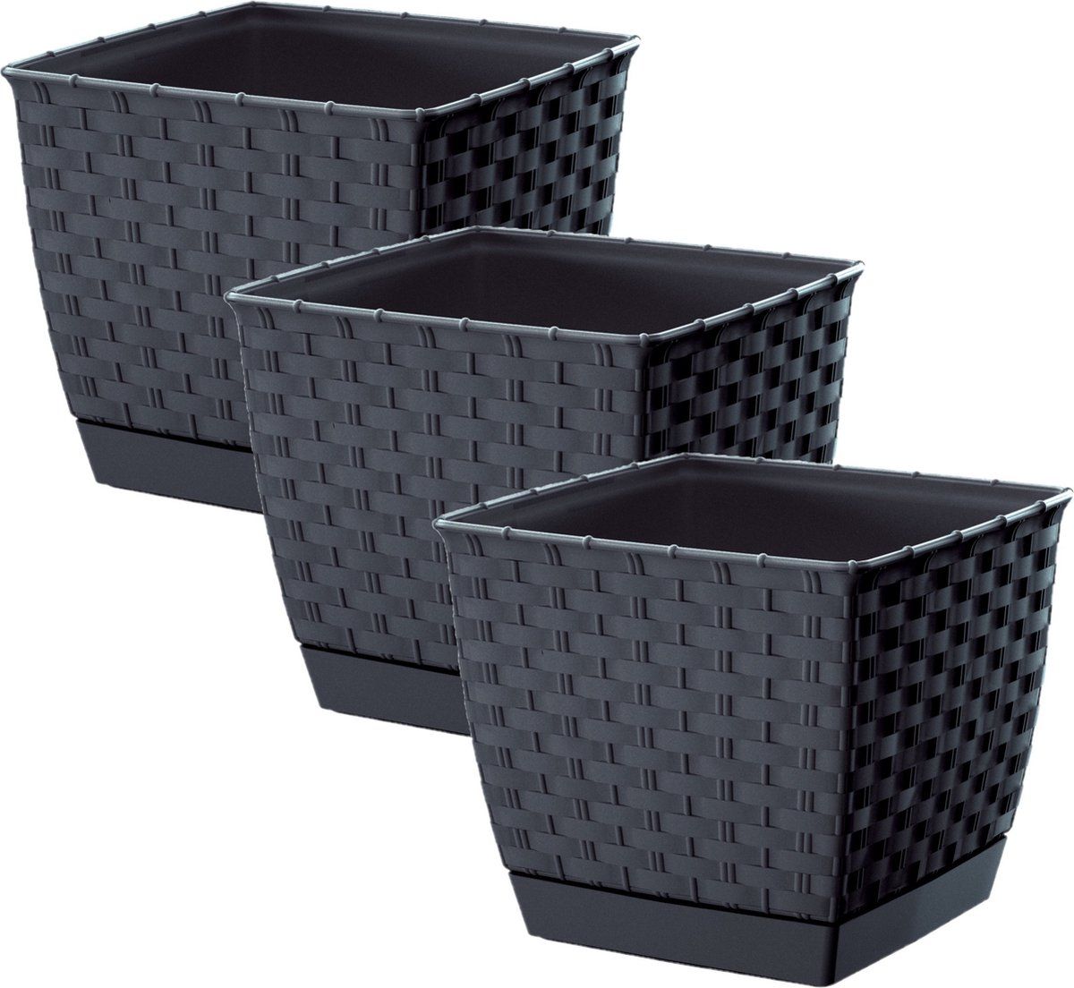 Prosperplast Set van 3x plantenpotten rotan kunststof 16.5 cm antraciet grijs